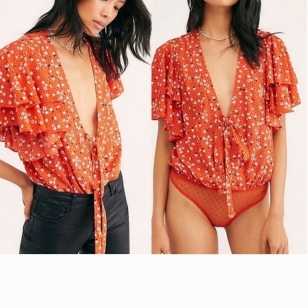 Free People Call Me Later Orange Floral Ruffle Blouse/Body Suit NWT Small